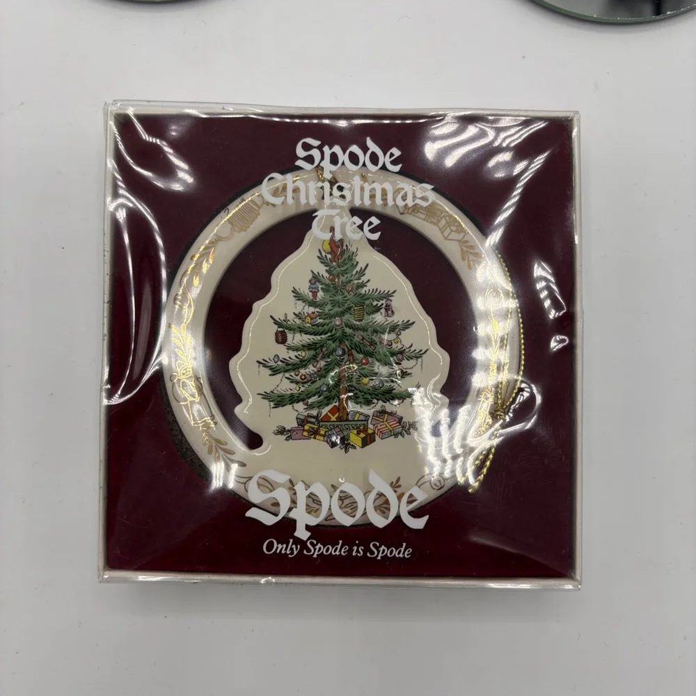 Vintage 1990s Spode Christmas Tree Ornament Ceramic Round Cutout Gold Trim Box